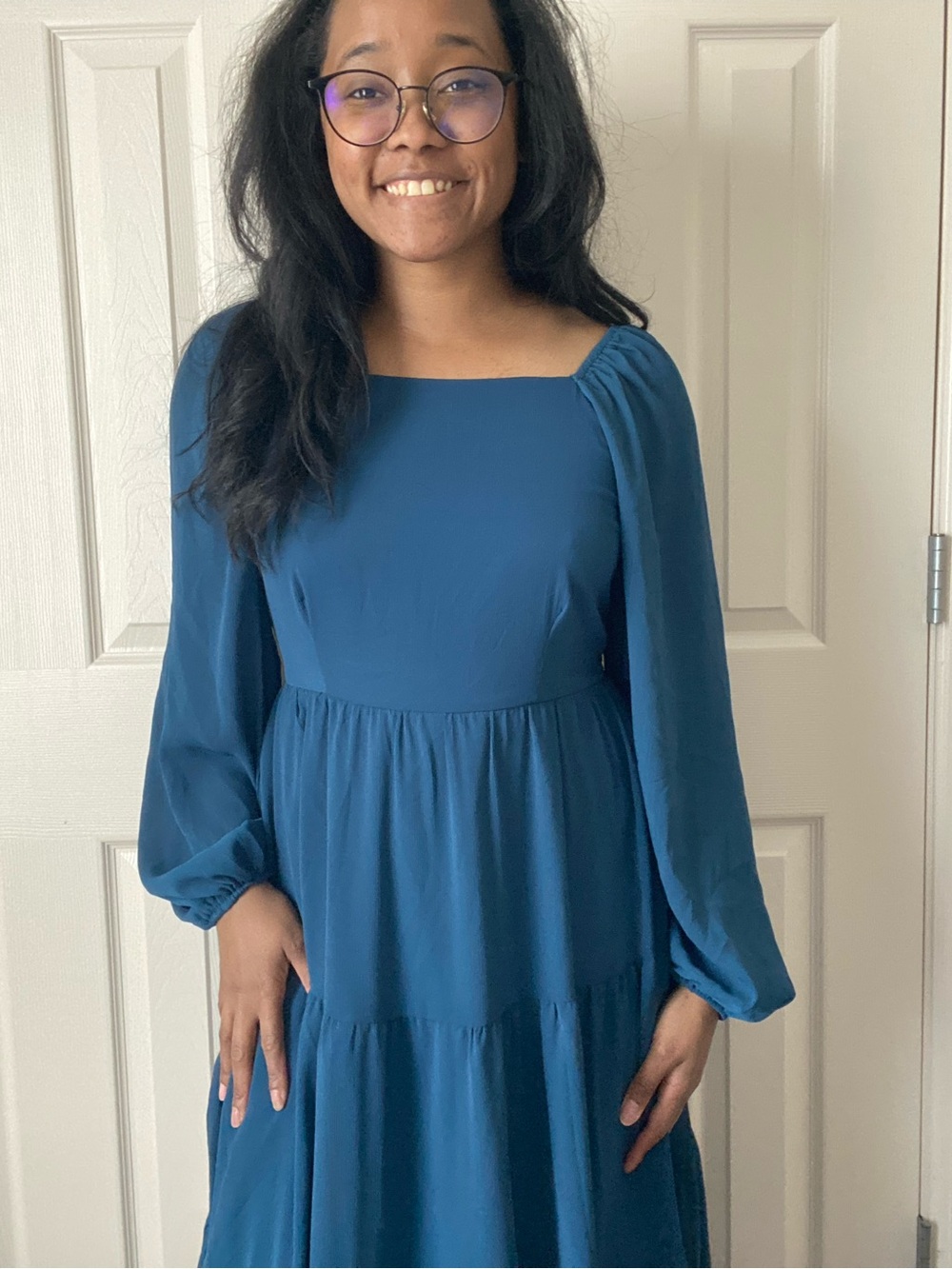 Amazon Blue Square-Neck Tiered Midi Dress